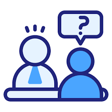 An illustration of a design consultation with a professional in a tie and a client, featuring a question mark in a speech bubble, symbolizing a discussion.