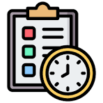 An illustration for material & fixture selection, showing a clipboard with a checklist and a clock, symbolizing organized planning and timing.