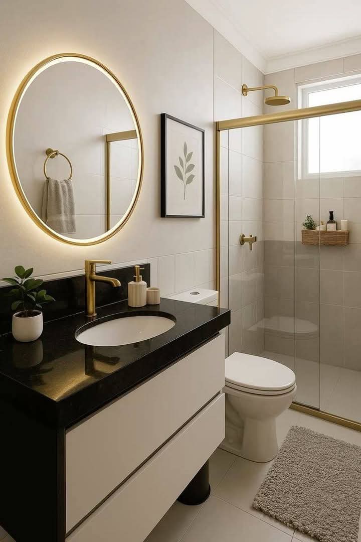 Look at this awesome vanity mounting display! A chic oval mirror and sleek sink pop against a gray wall. The warm wood cabinet ties it all together—great for a stylish bathroom upgrade!