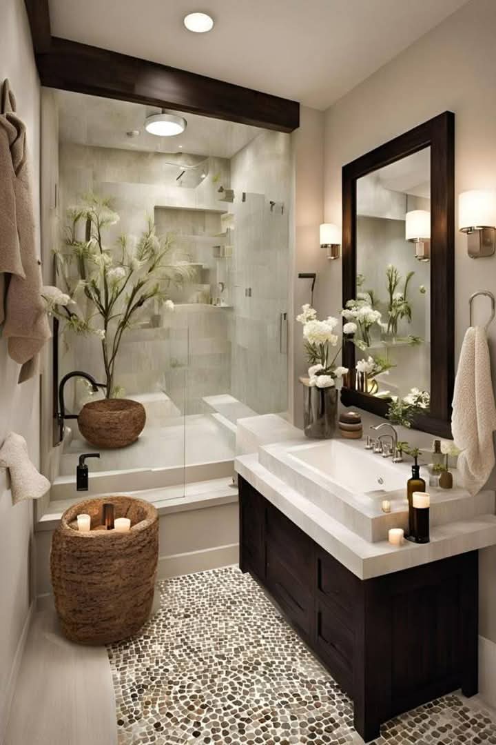 Modern bathroom with stylish vanity, glass shower, and elegant lighting, showcasing quality plumbing in Conroe for functional and aesthetic home upgrades.
