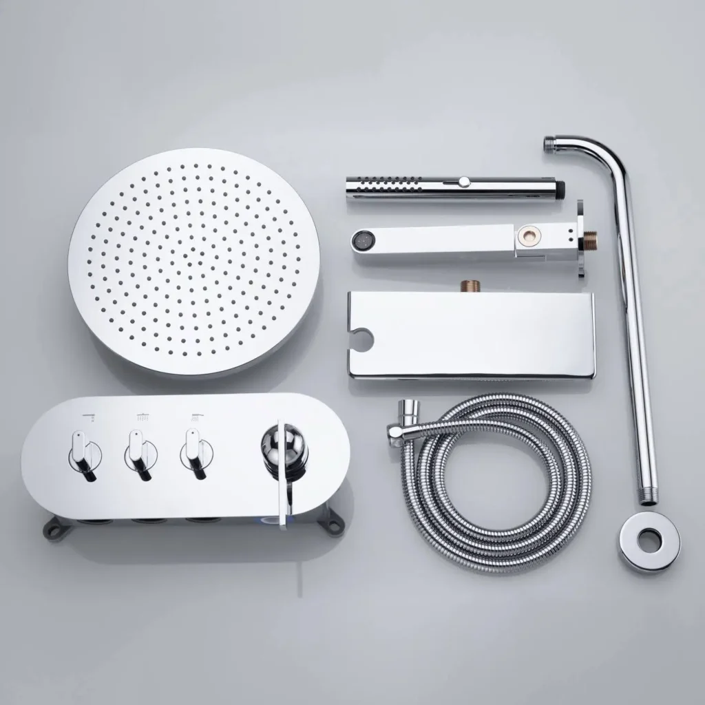 A luxurious shower design featuring a modern showerhead, a sleek control panel with multiple knobs, a handheld shower with a flexible hose, and a tall adjustable arm, all crafted in polished chrome for a high-end bathroom upgrade.