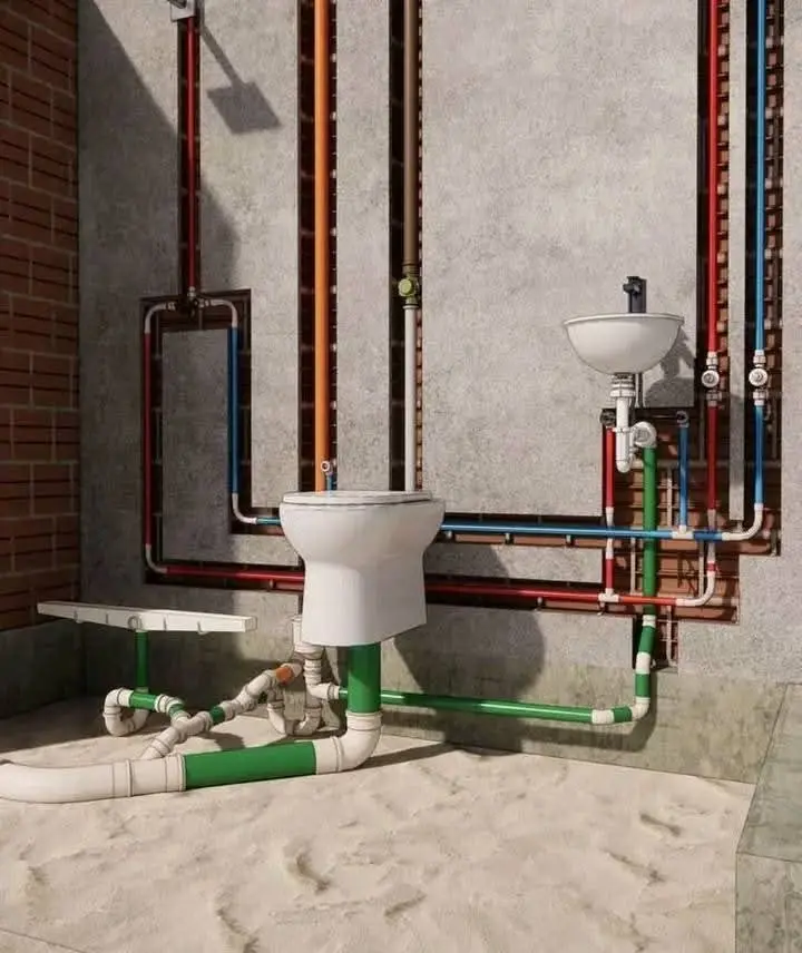 Modern bathroom with exposed Plumbing Connections Setup, showcasing a toilet, sink, and colorful pipes against a brick wall, highlighting the intricate piping system in a construction phase.