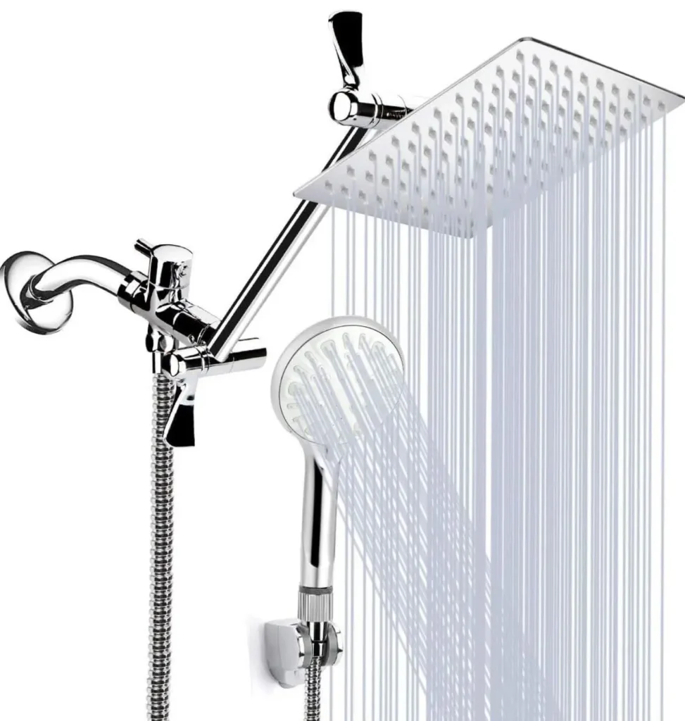 A stunning rainfall shower design featuring a large square showerhead with cascading water, paired with a handheld shower attached to a flexible hose, all in polished chrome, creating a luxurious and modern bathroom experience.