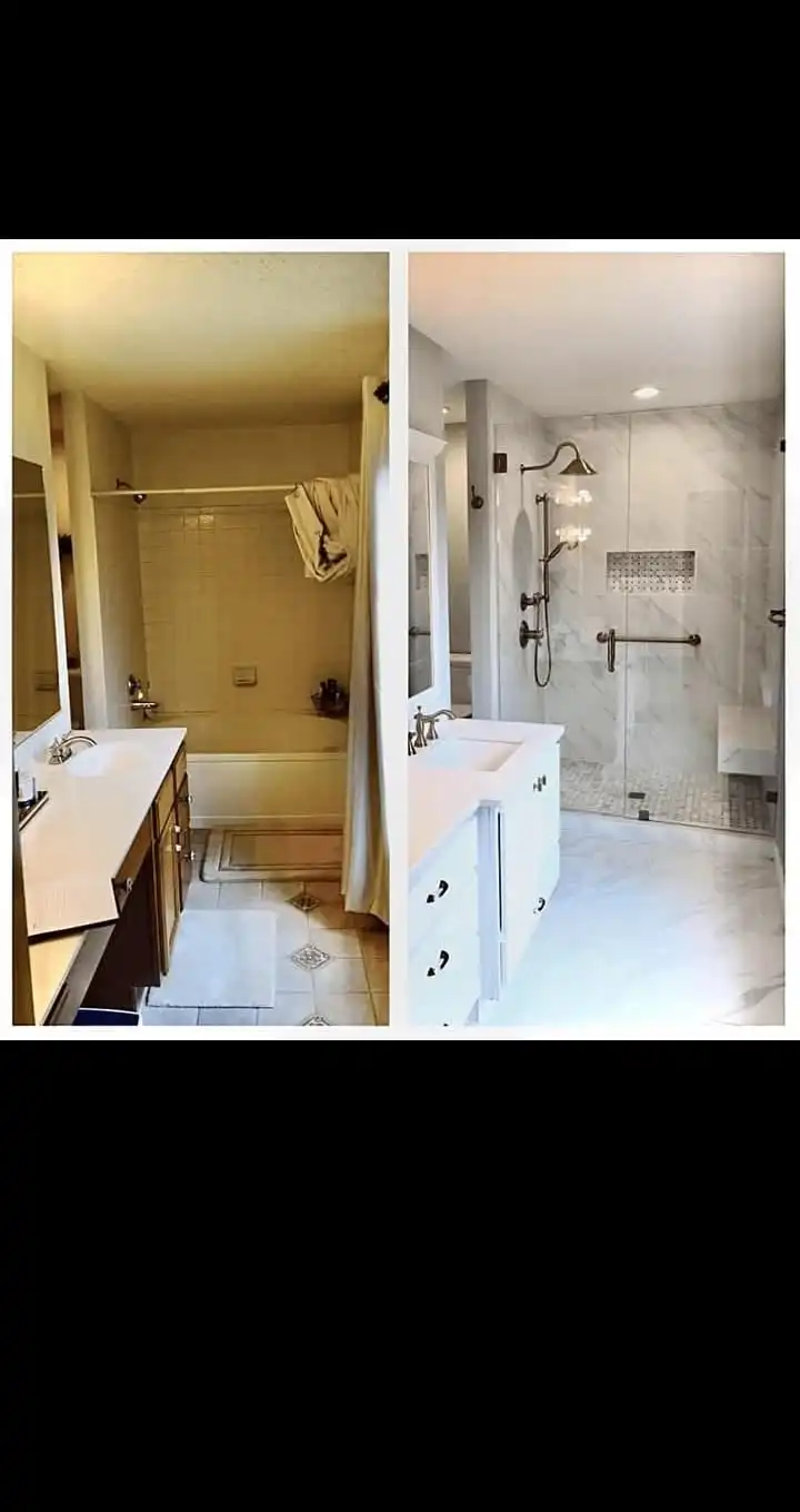 A before-and-after tub-to-shower conversion, showing an outdated tub replaced with a modern walk-in shower, featuring updated tiles, vanity, and fixtures.
