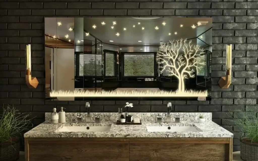 Yo, check out this stunning Conroe bathroom! A sleek double vanity with a chic countertop and glowing mirror lights up the space. Wood accents and plants add warmth—perfect for a stylish vanity upgrade!
