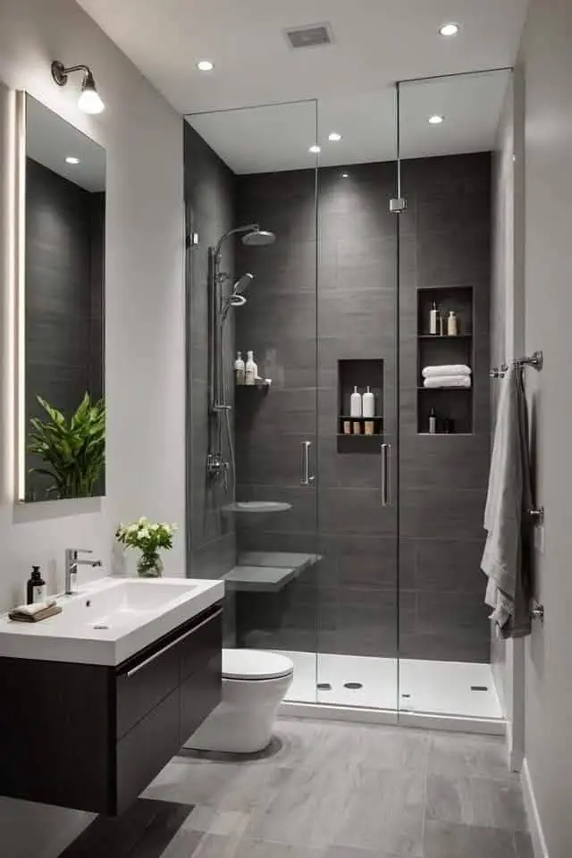 A stunning luxury shower installation featuring a sleek glass enclosure, a modern overhead showerhead with a handheld option, and a spacious walk-in design, complemented by a stylish vanity, toilet, and recessed shelving in a contemporary bathroom with gray tiles and soft lighting.