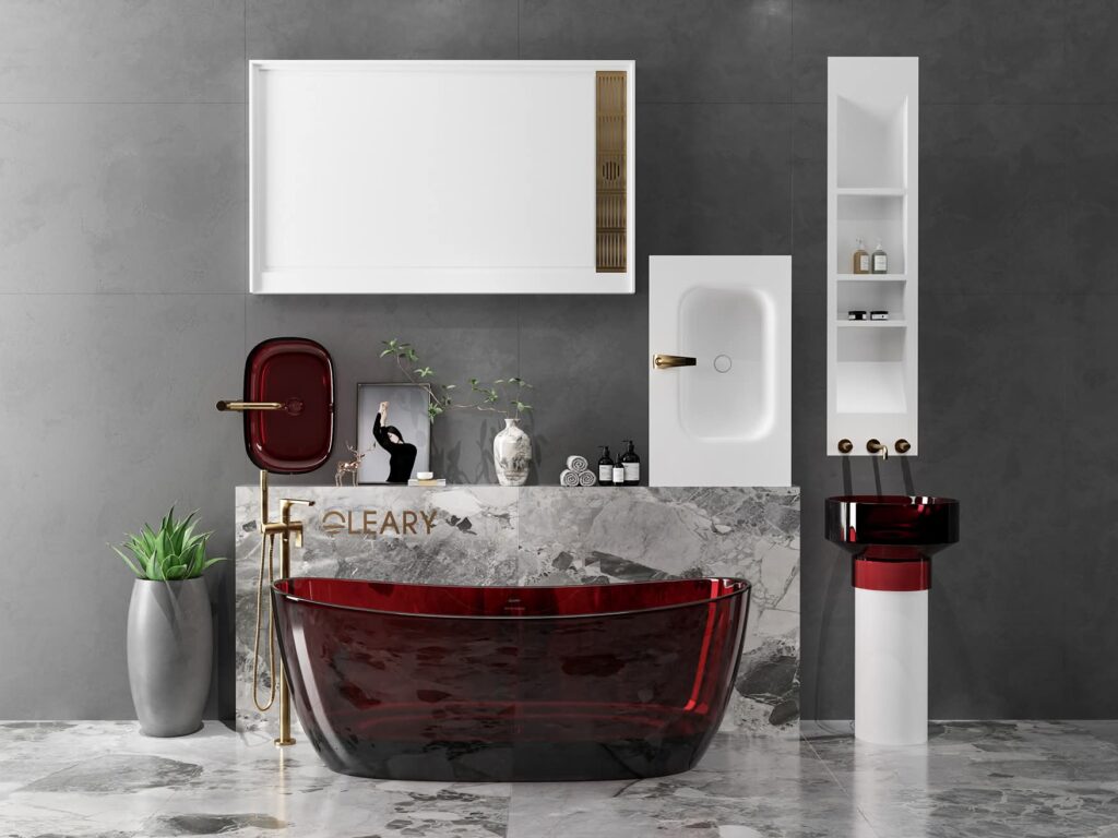 Modern luxury bathroom with marble finishes, red glass tub, sleek fixtures, elegant decor, showcasing stylish Plumbing in Conroe solutions.