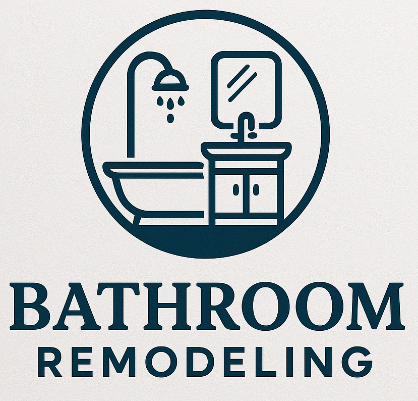 A circular blue logo featuring a bathtub with a showerhead and a vanity with a mirror, representing a bathroom remodeling business.