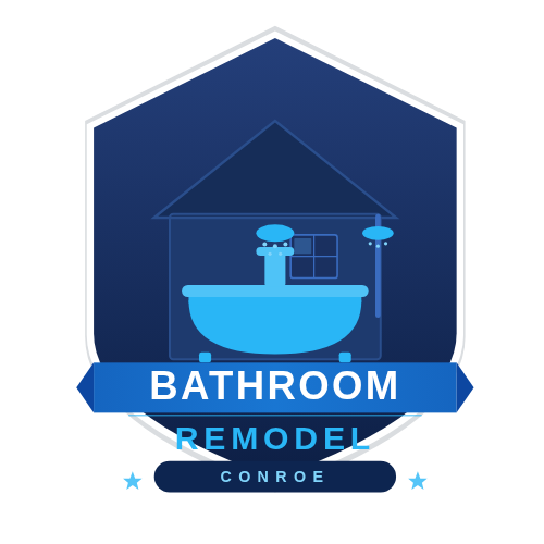 Bathroom Remodel Conroe logo — a navy blue house-shaped badge with a bathtub and shower icon, featuring the business name in bold white and blue text.