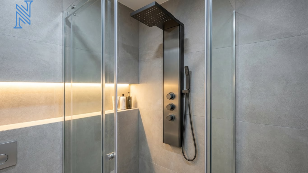 Small bathroom shower design with glass partition, matte black shower panel, built-in niche lighting, and large-format gray tile in Conroe, TX