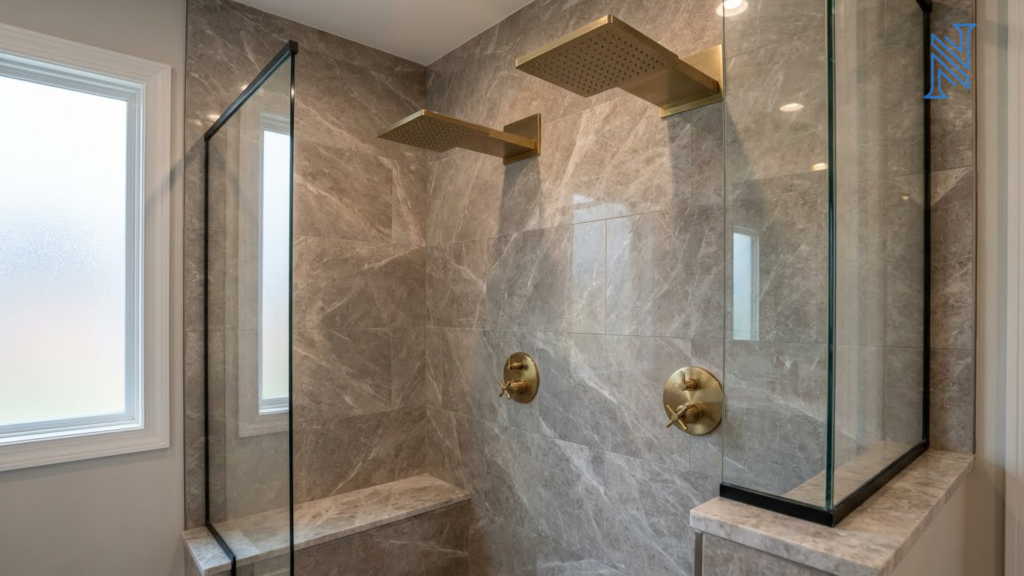 Modern walk-in shower ideas with brushed gold rainfall showerheads and large-format marble-look tile in a Conroe TX bathroom remodel